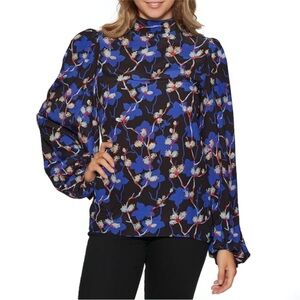 Ted Baker London Ooma Black Blue Floral-Print Cutout Back Tie Neck Blouse 14